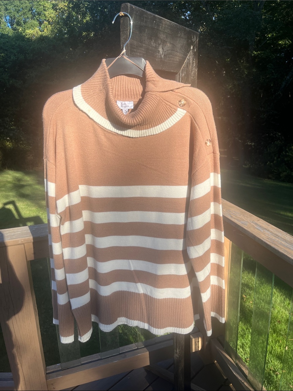 Kim Rogers Brown & Cream Striped Turtleneck Sweater with Shoulder Buttons